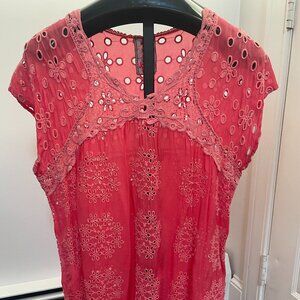 Johnny Was Coral Eyelet Floral Top Size L